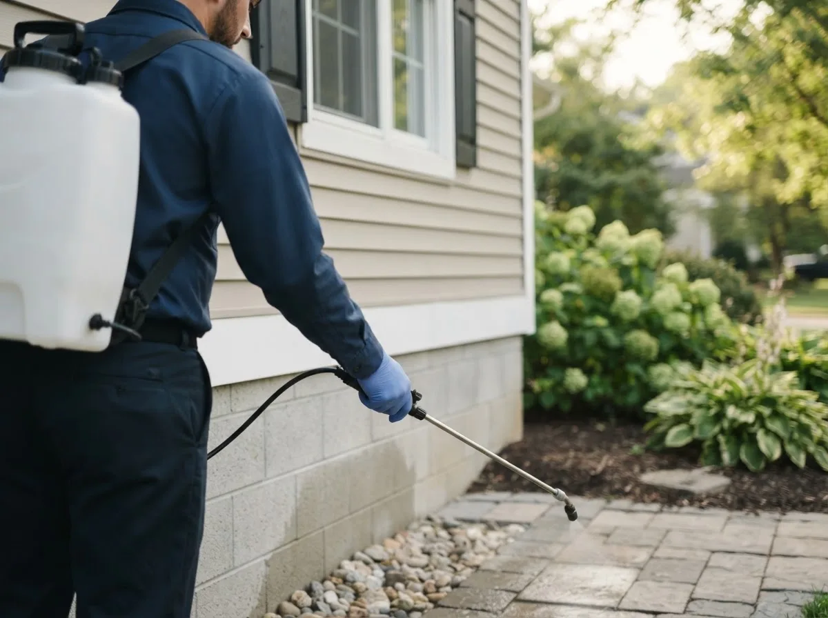 Pest control technician inspecting a home in Hollandale, WI